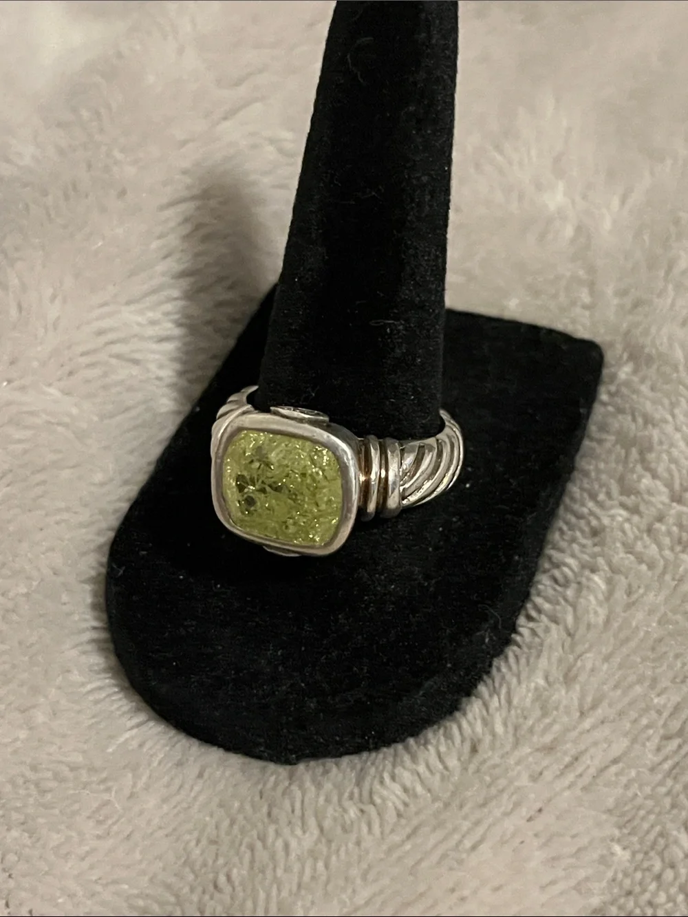 Sterling Silver Ring with Light Yellow/Green Cushion Stone - Women Jewelry